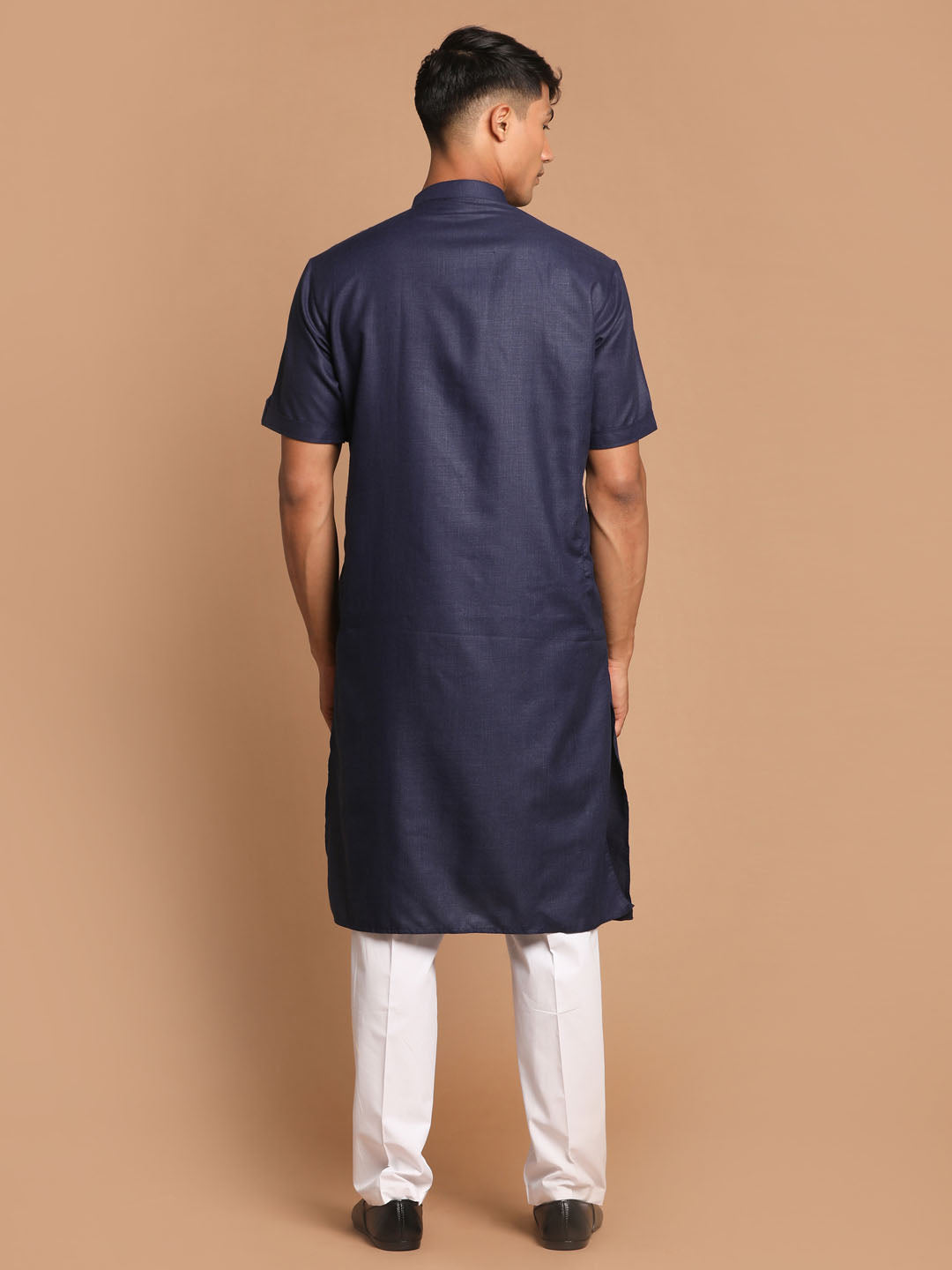 Men's Navy Blue And White Cotton Blend Kurta Pyjama Set