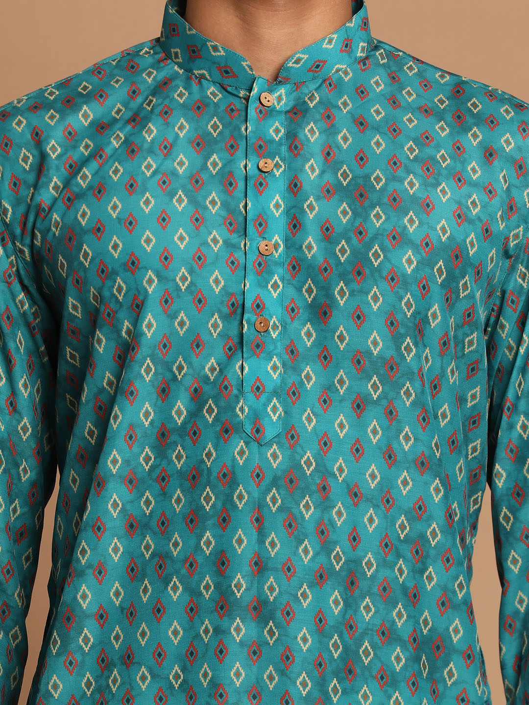 Men's Green And Cream Cotton Blend Kurta Pyjama Set