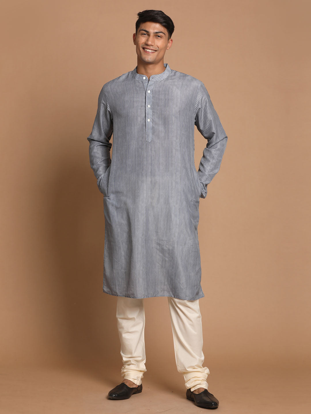 Men's Grey Cotton Blend Kurta