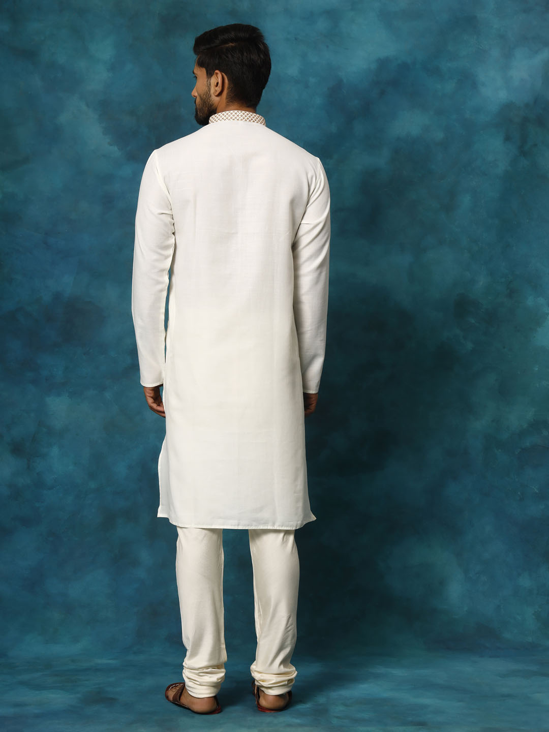 Men's Cream And Cream Cotton Blend Kurta Pyjama Set