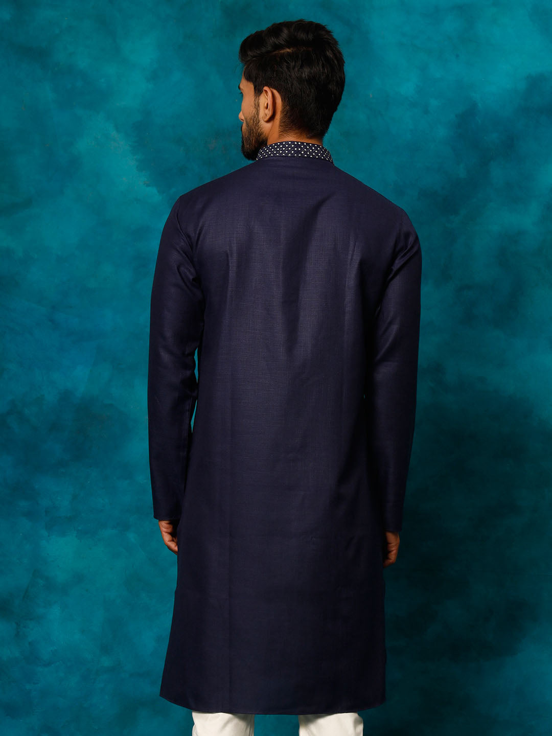 Men's Navy Blue Cotton Blend Kurta