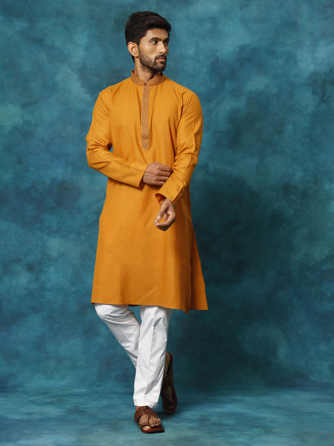 Men's Rust And White Cotton Blend Kurta Pyjama Set