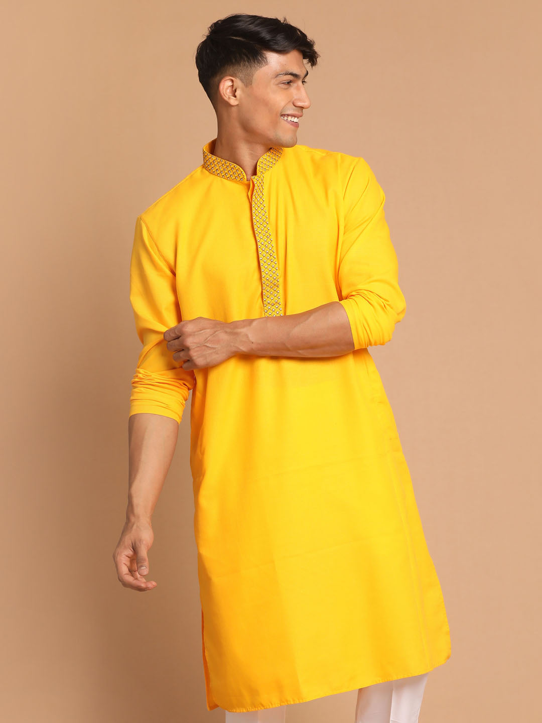 Men's Yellow Cotton Blend Kurta