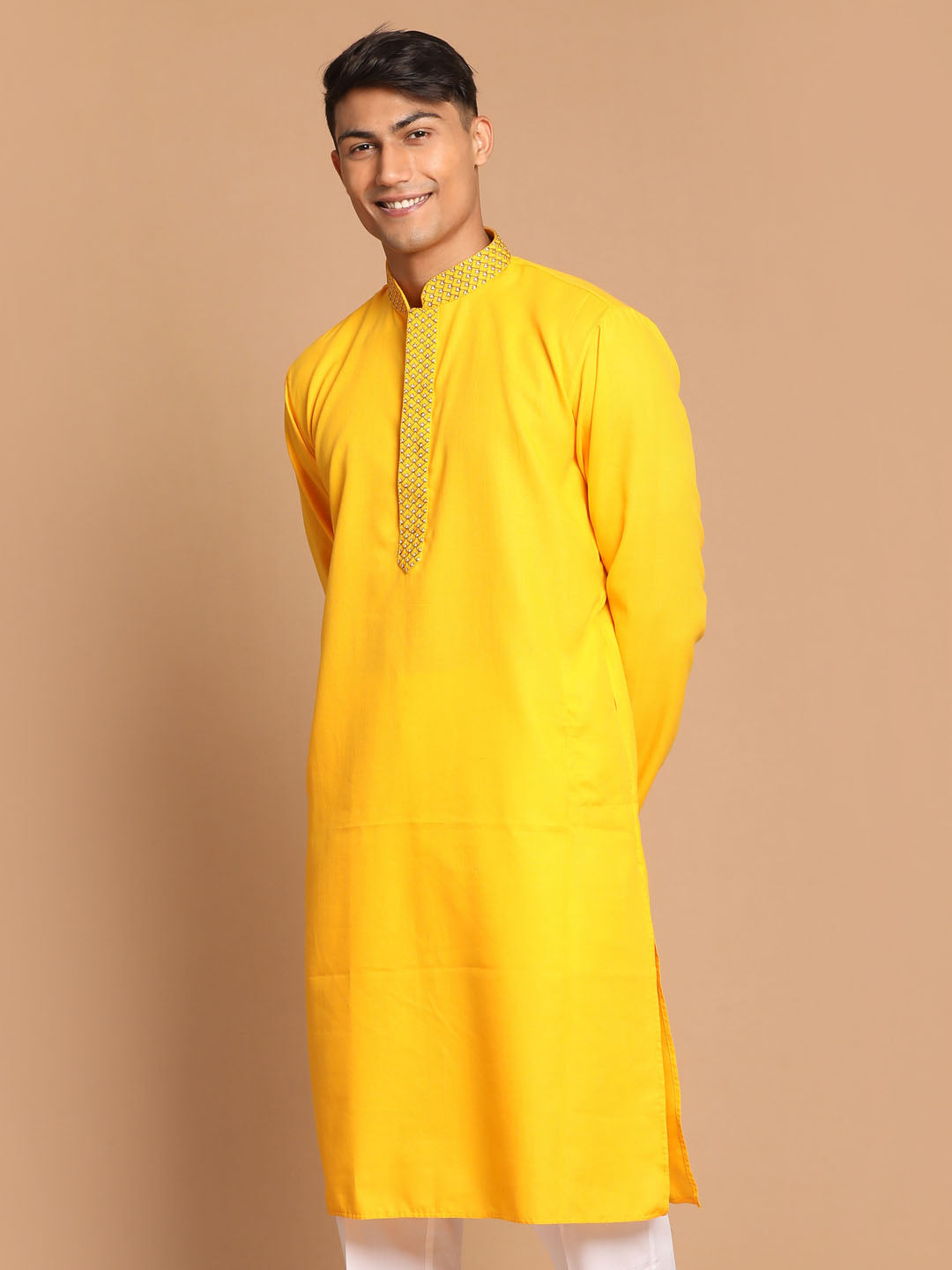 Men's Yellow Cotton Blend Kurta