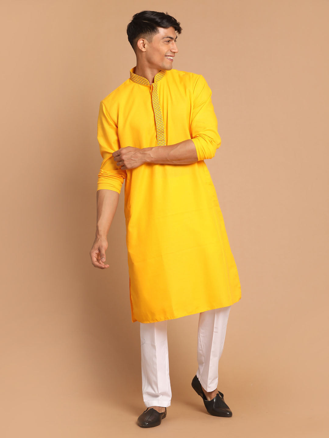 Men's Yellow Cotton Blend Kurta