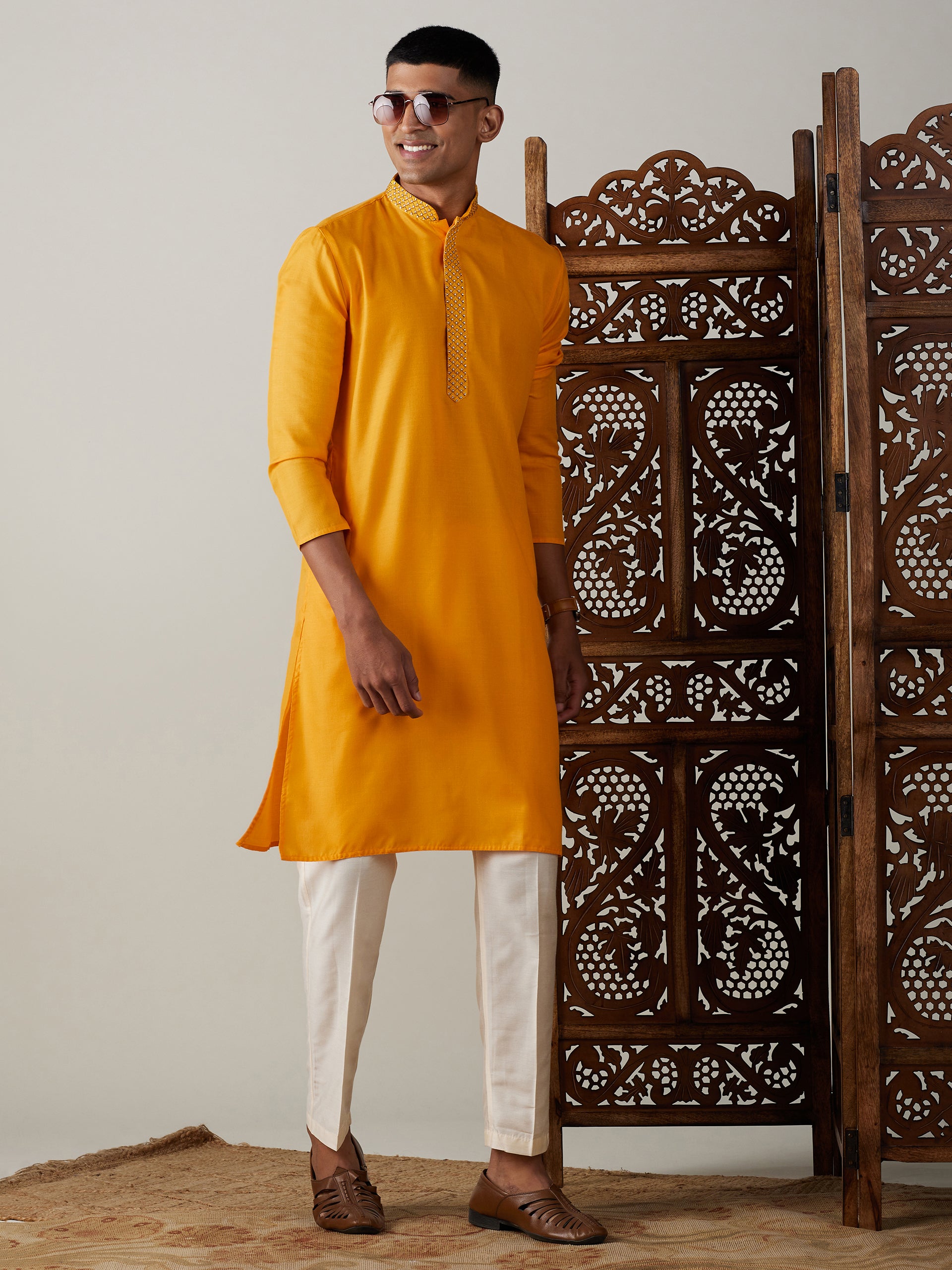 Men's Yellow Cotton Blend Kurta