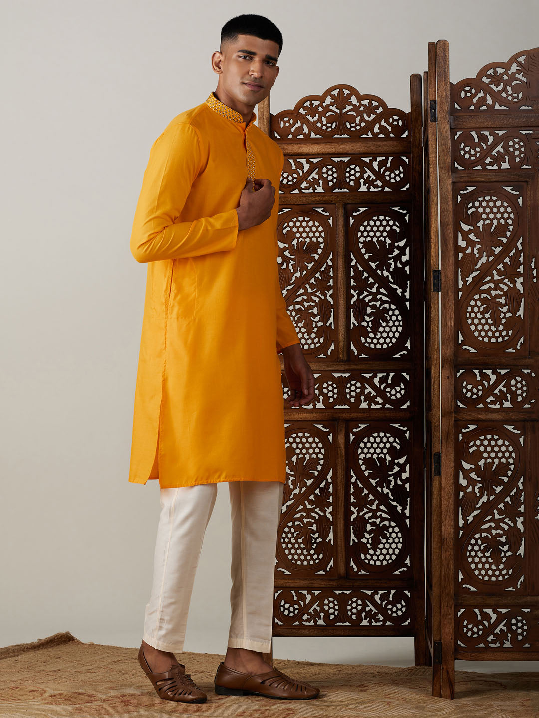 Men's Yellow Cotton Blend Kurta