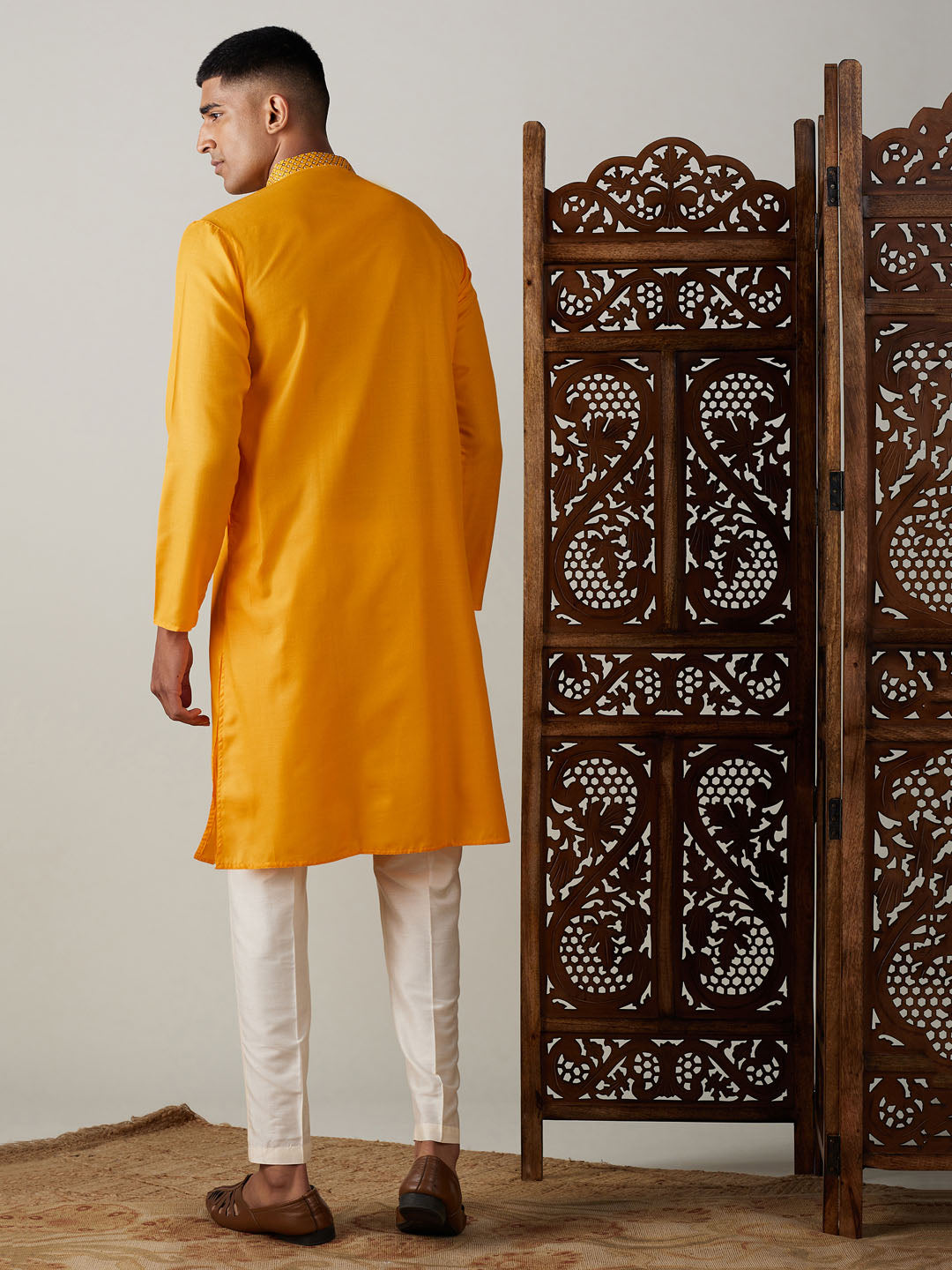 Men's Yellow Cotton Blend Kurta