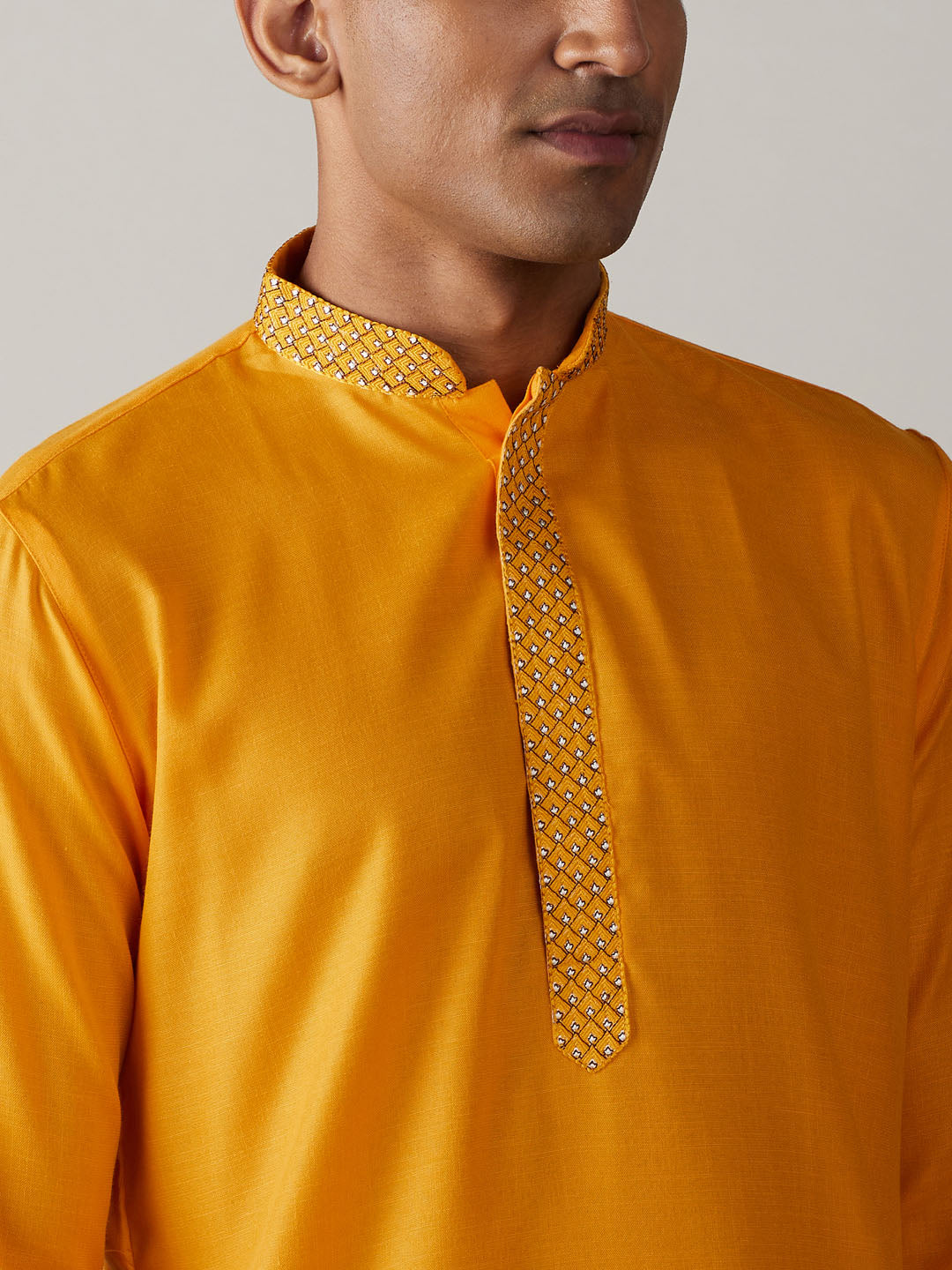 Men's Yellow Cotton Blend Kurta