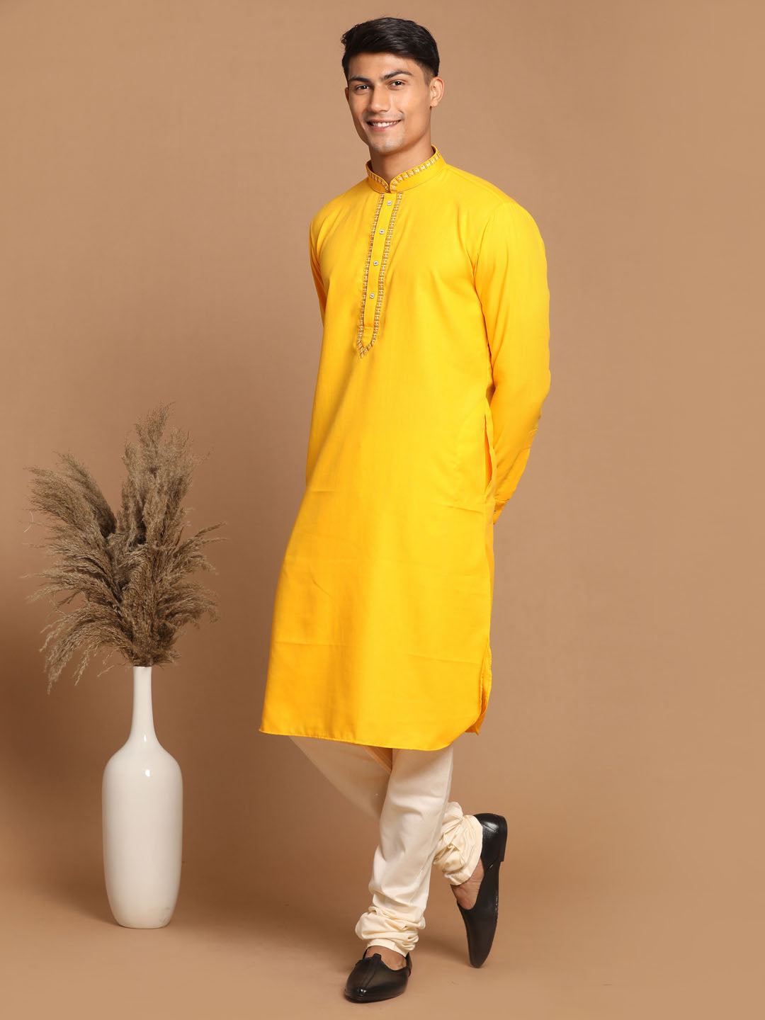 Men's Yellow Cotton Blend Kurta