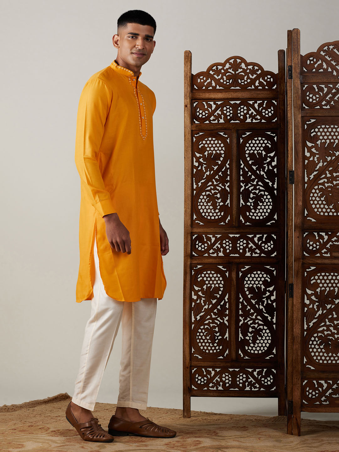 Men's Yellow Cotton Blend Kurta