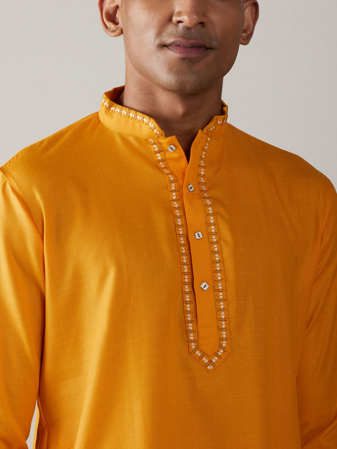 Men's Yellow Cotton Blend Kurta