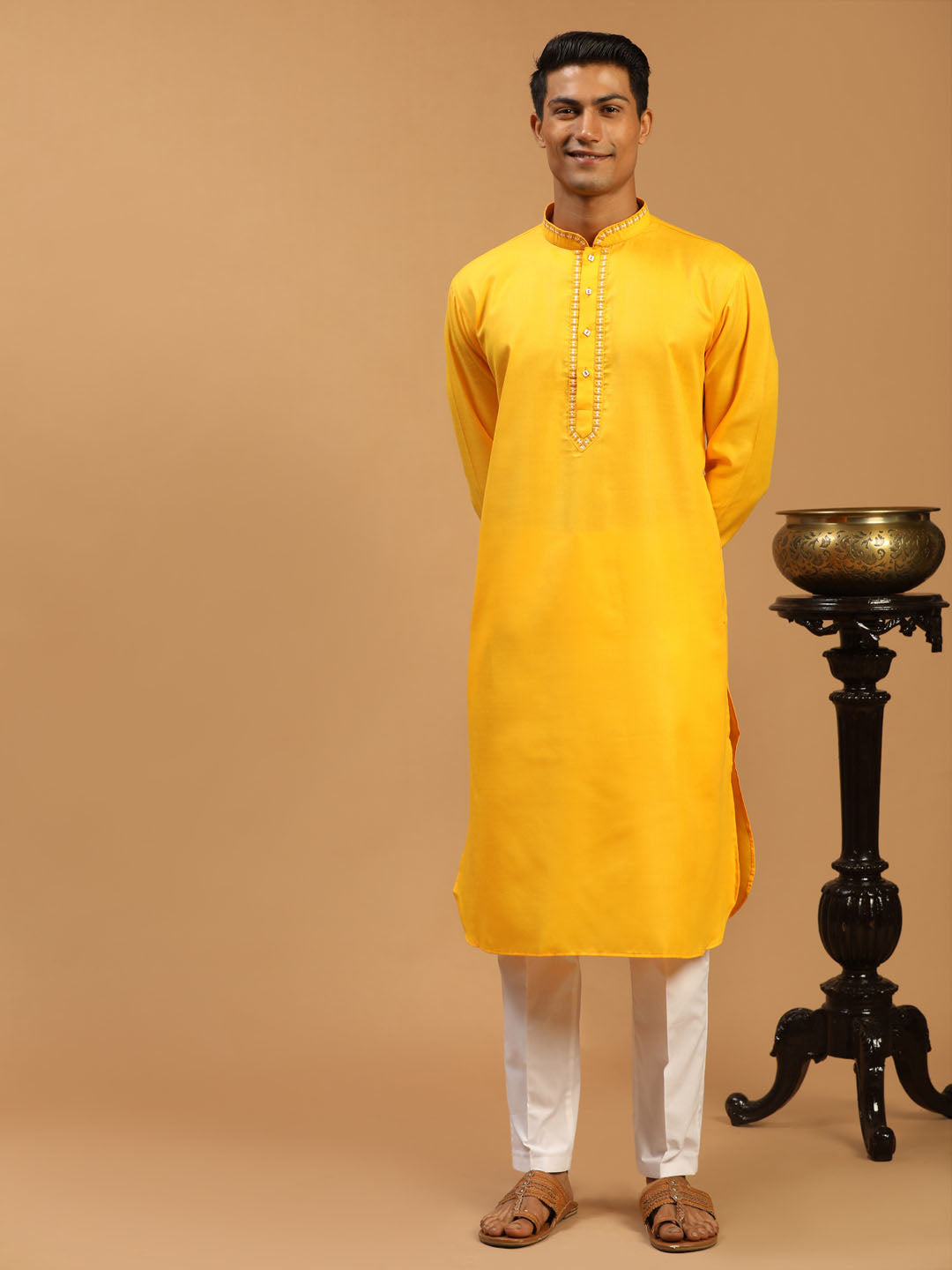 Men's Yellow Cotton Blend Kurta & Pyjama Set