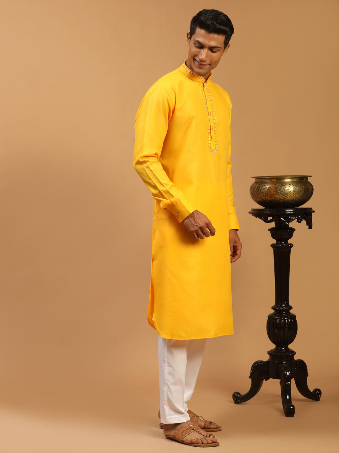 Men's Yellow Cotton Blend Kurta & Pyjama Set