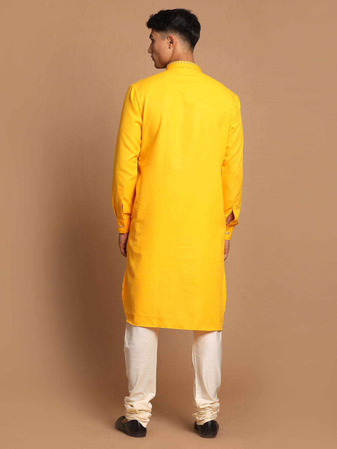 Men's Yellow And Cream Cotton Blend Kurta Pyjama Set