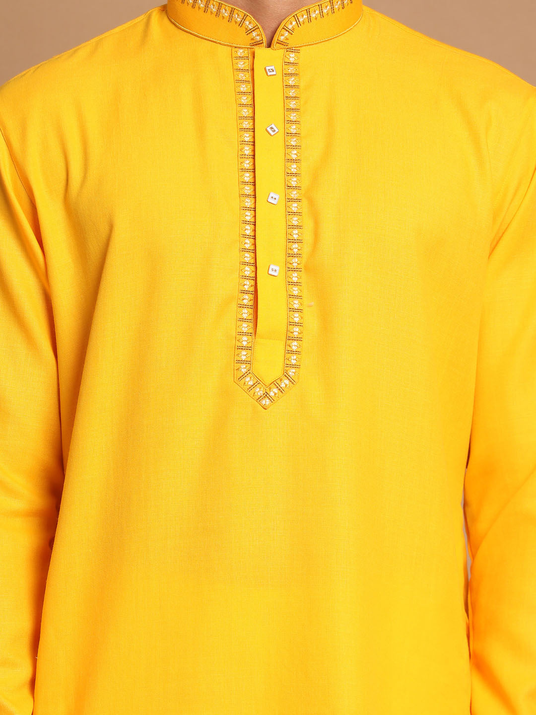 Men's Yellow And Cream Cotton Blend Kurta Pyjama Set