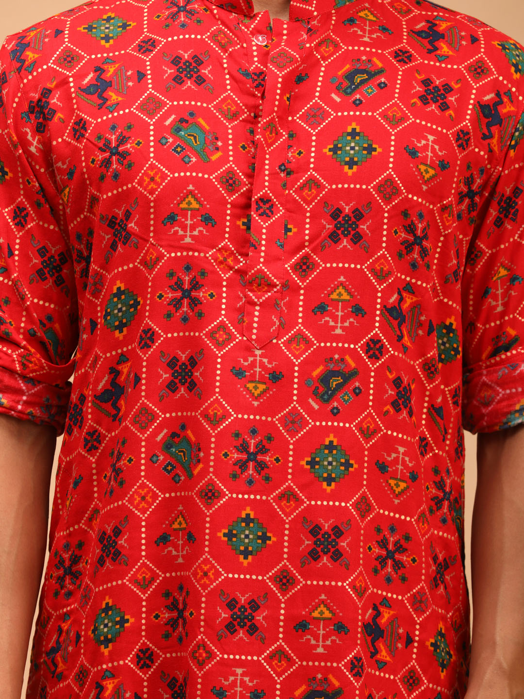 Men's Red Cotton Blend Kurta