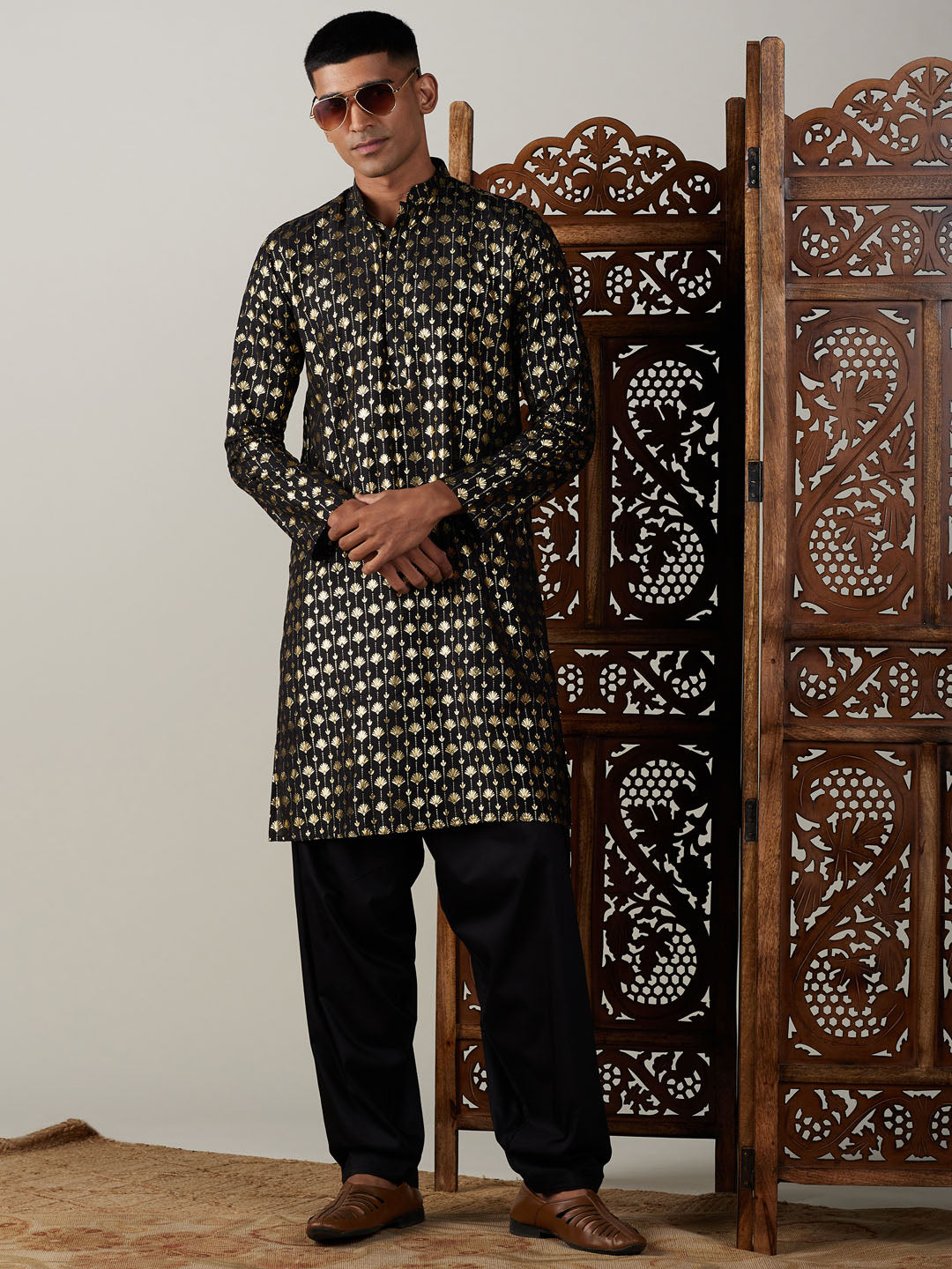 Men's Black Viscose Kurta and Patiala Set