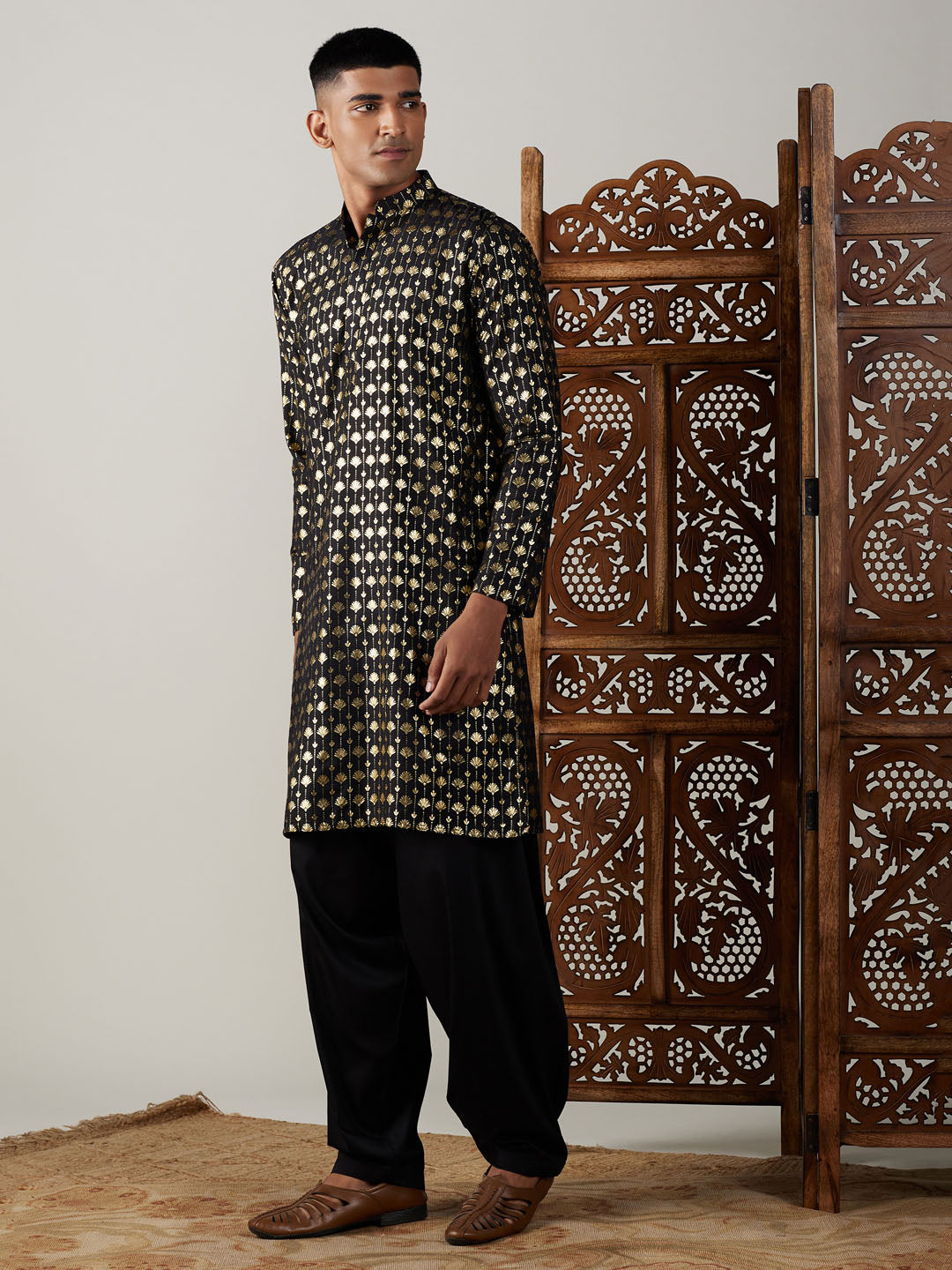 Men's Black Viscose Kurta and Patiala Set