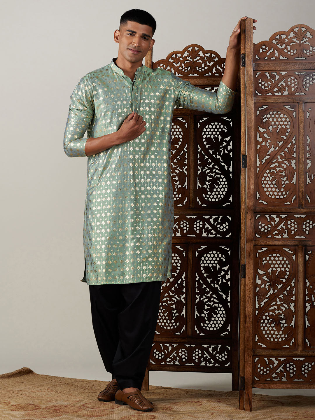 Men's Green And Black Viscose Kurta and Patiala Set