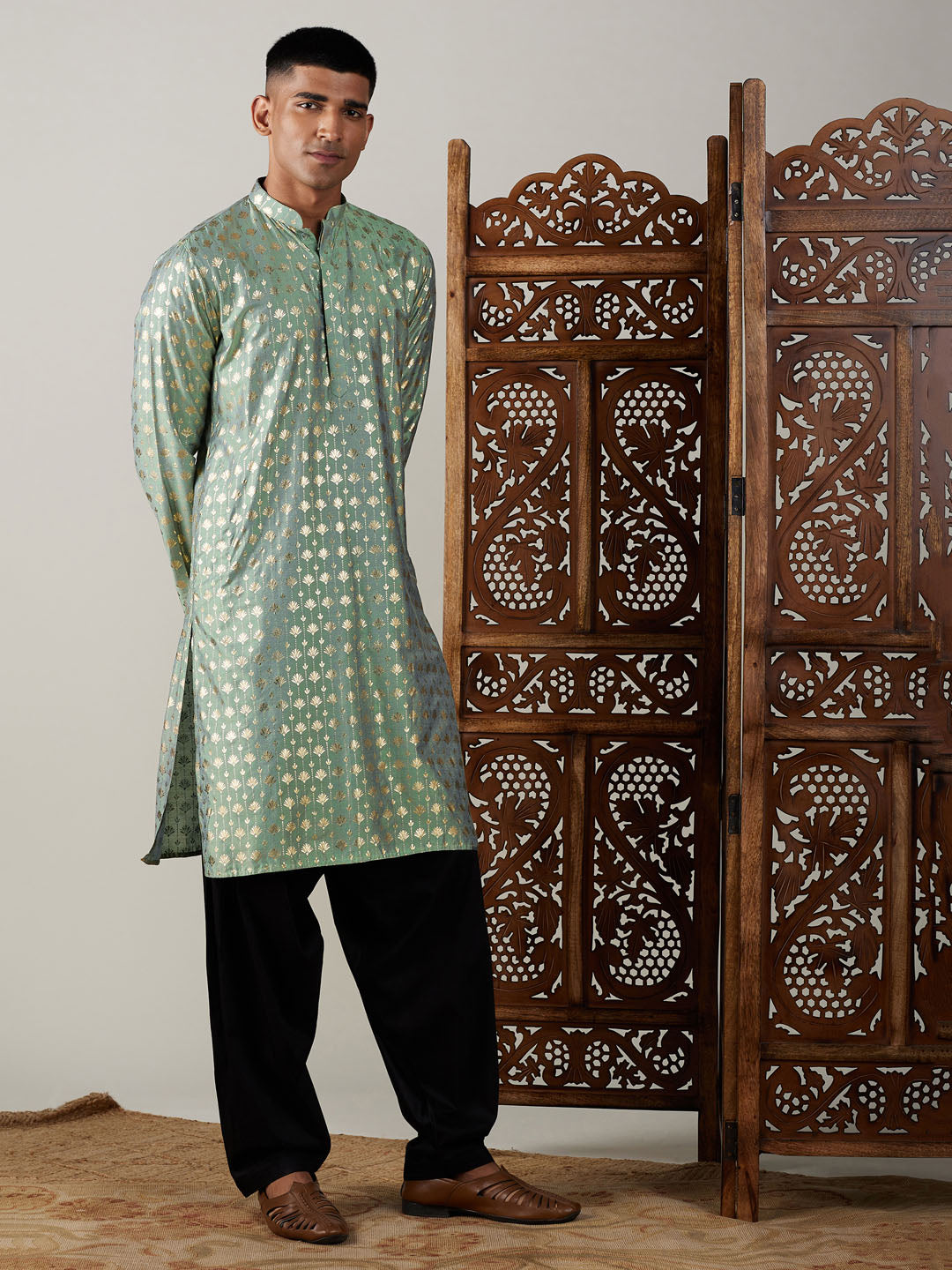 Men's Green And Black Viscose Kurta and Patiala Set