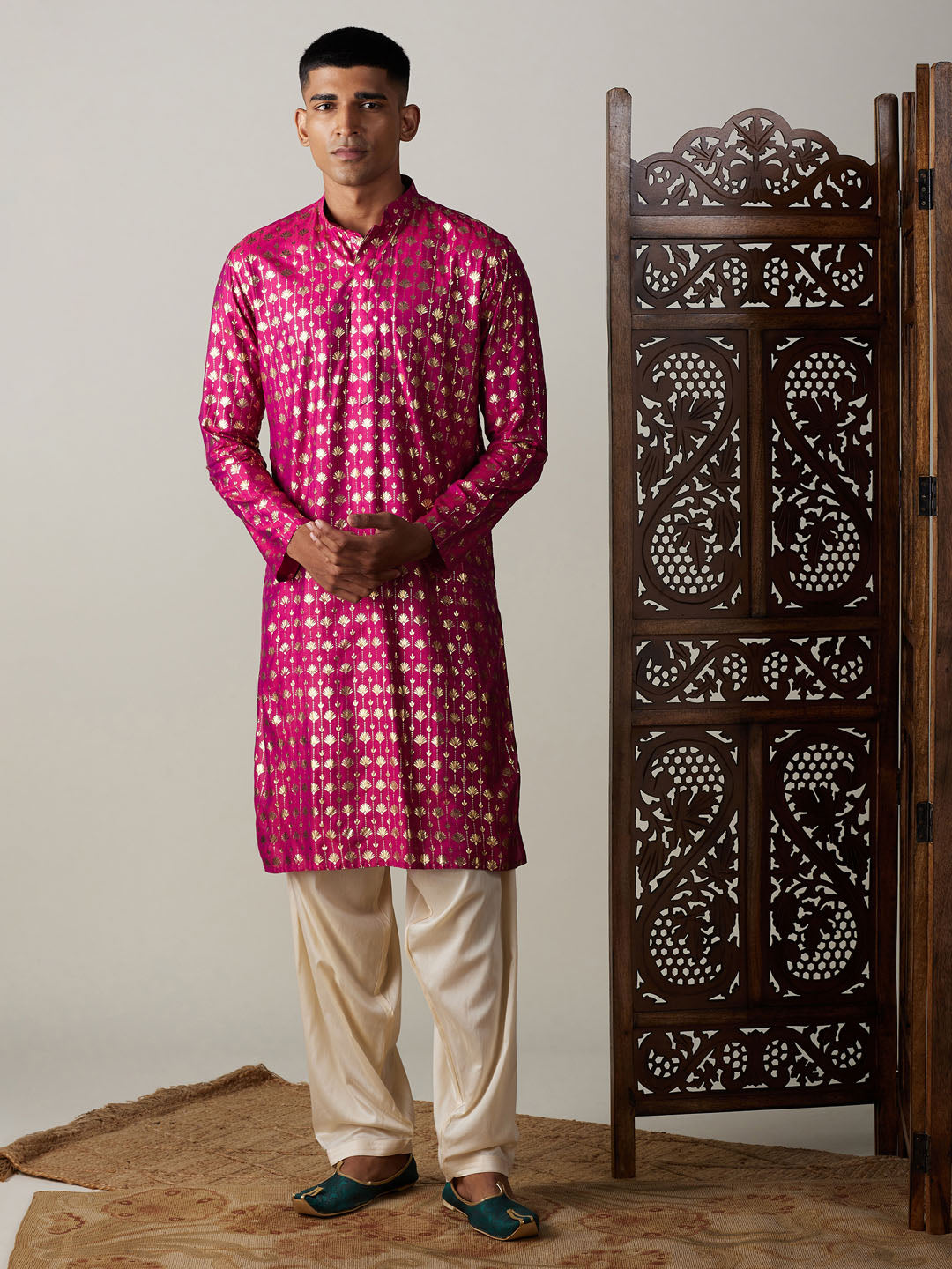 Men's Pink And Cream Viscose Kurta and Patiala Set