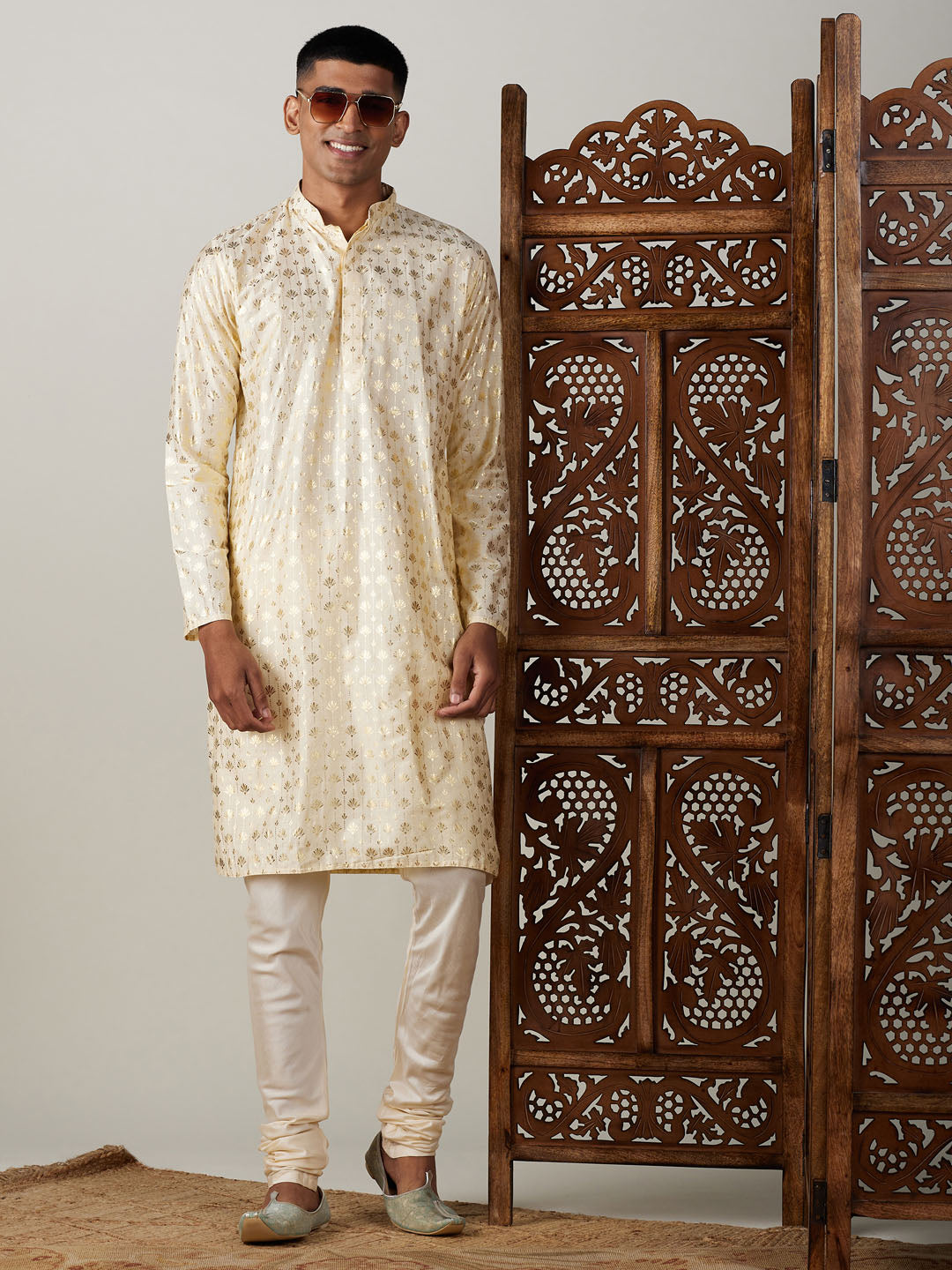 Men's Gold And Cream Viscose Kurta Pyjama Set