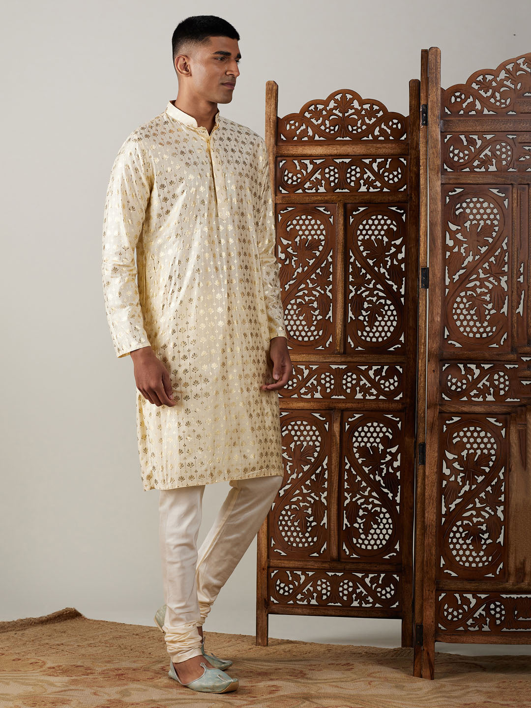 Men's Gold And Cream Viscose Kurta Pyjama Set