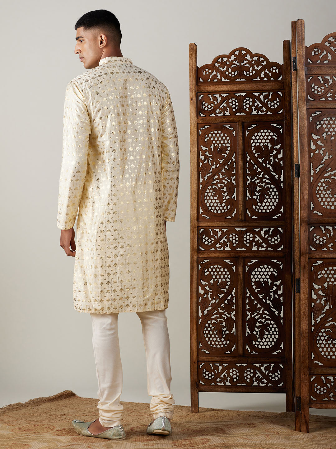 Men's Gold And Cream Viscose Kurta Pyjama Set