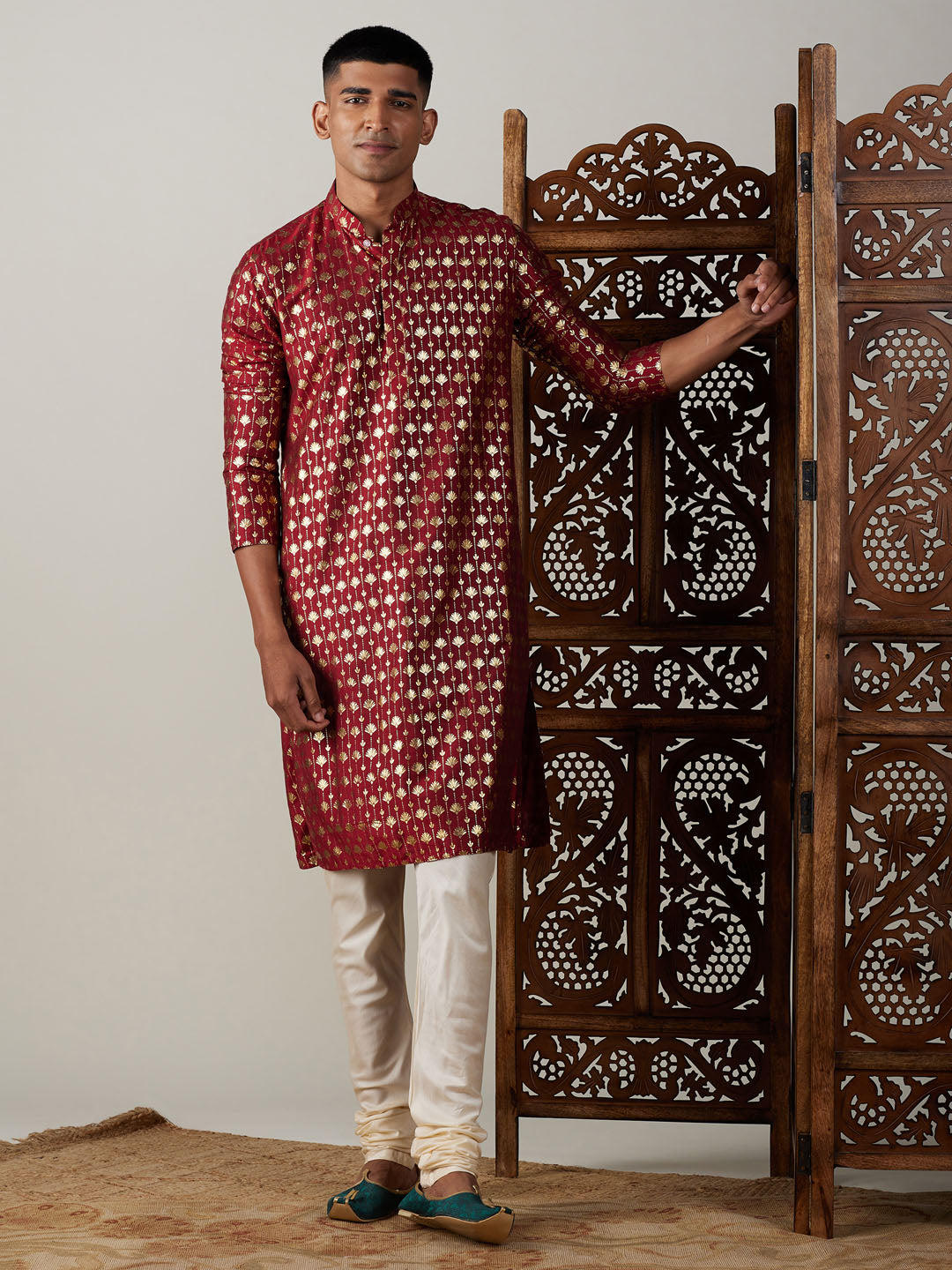 Men's Maroon And Cream Viscose Kurta Pyjama Set