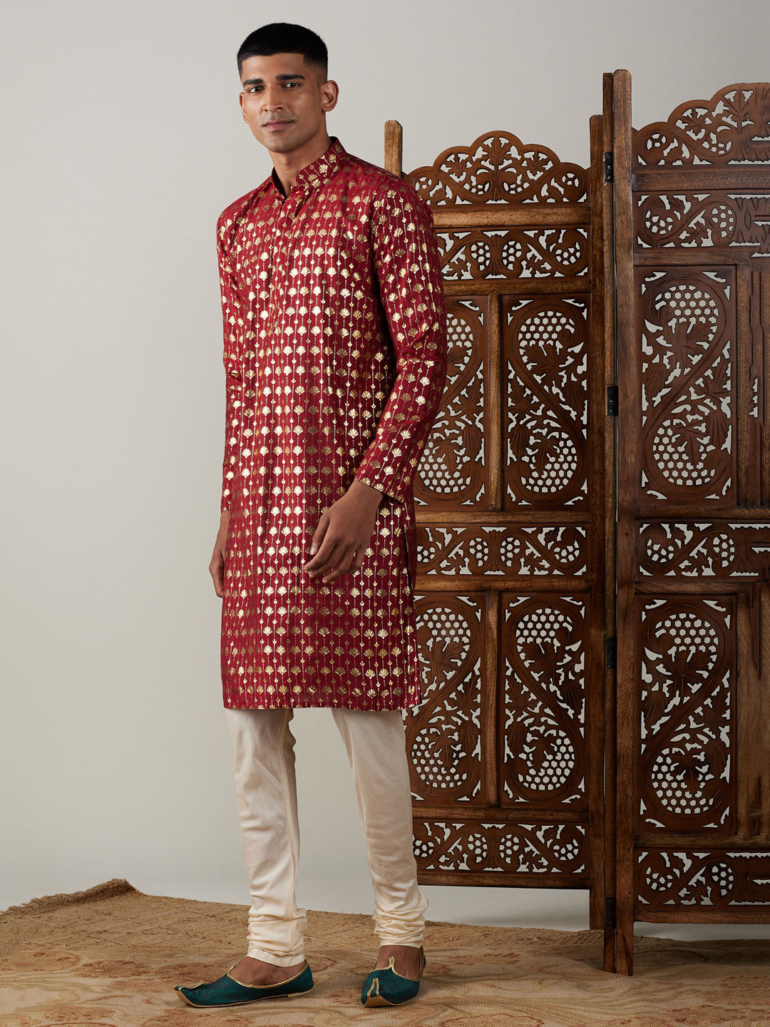 Men's Maroon And Cream Viscose Kurta Pyjama Set