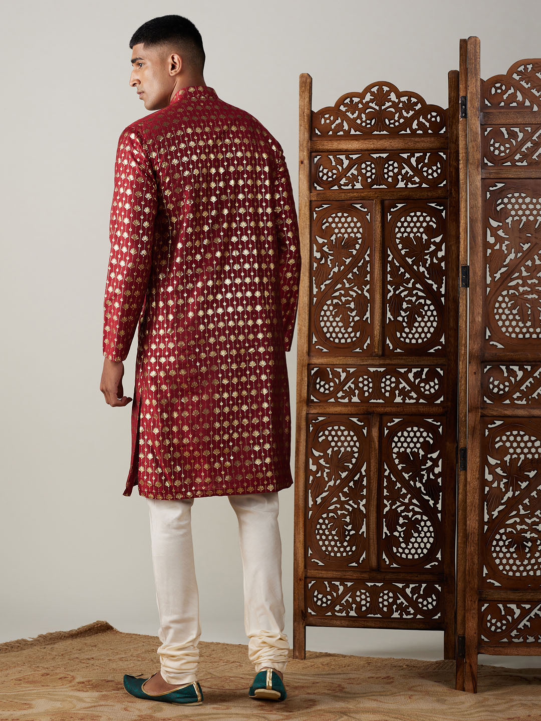 Men's Maroon And Cream Viscose Kurta Pyjama Set