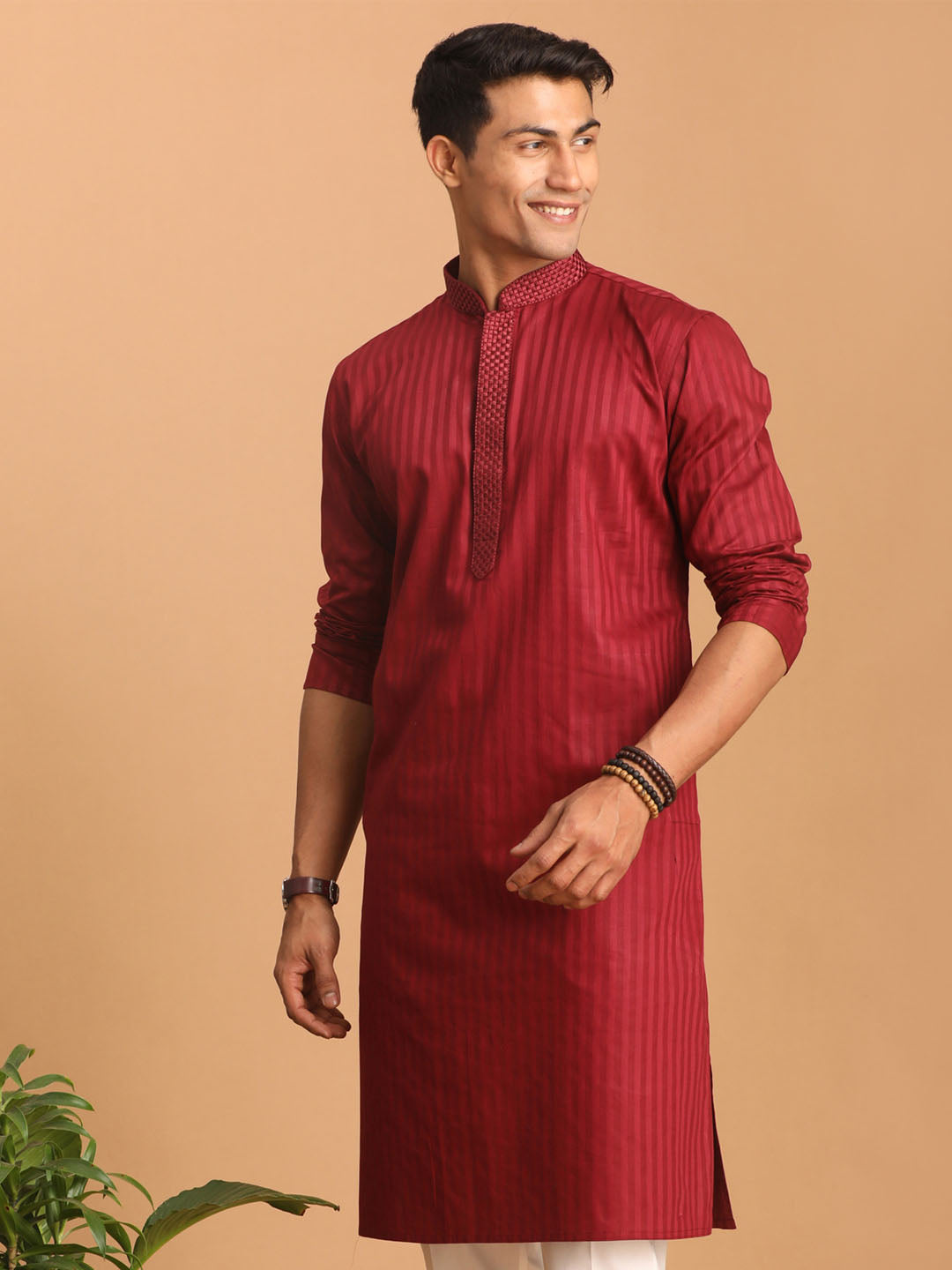 Men's Maroon Cotton Blend Kurta