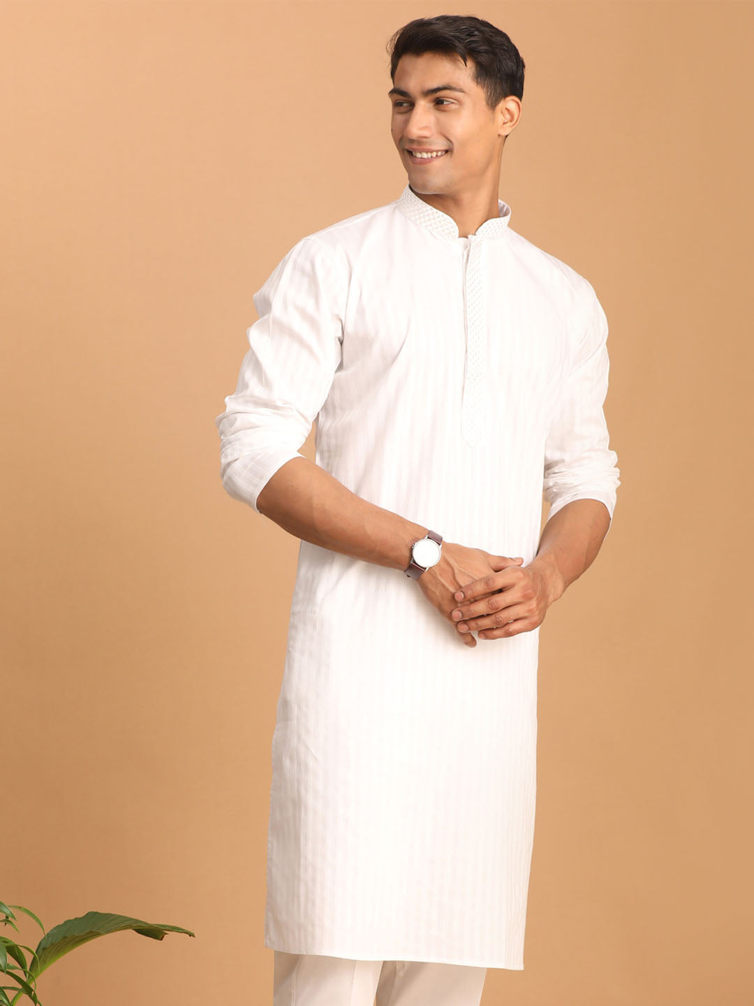 Men's White Cotton Blend Kurta