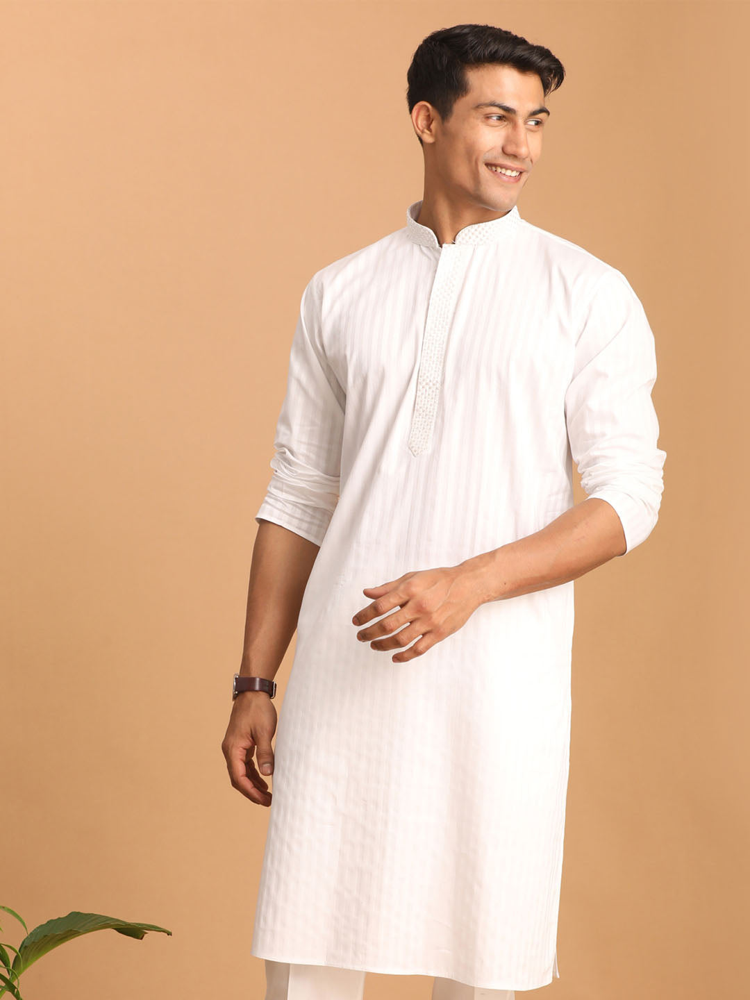 Men's White Cotton Blend Kurta