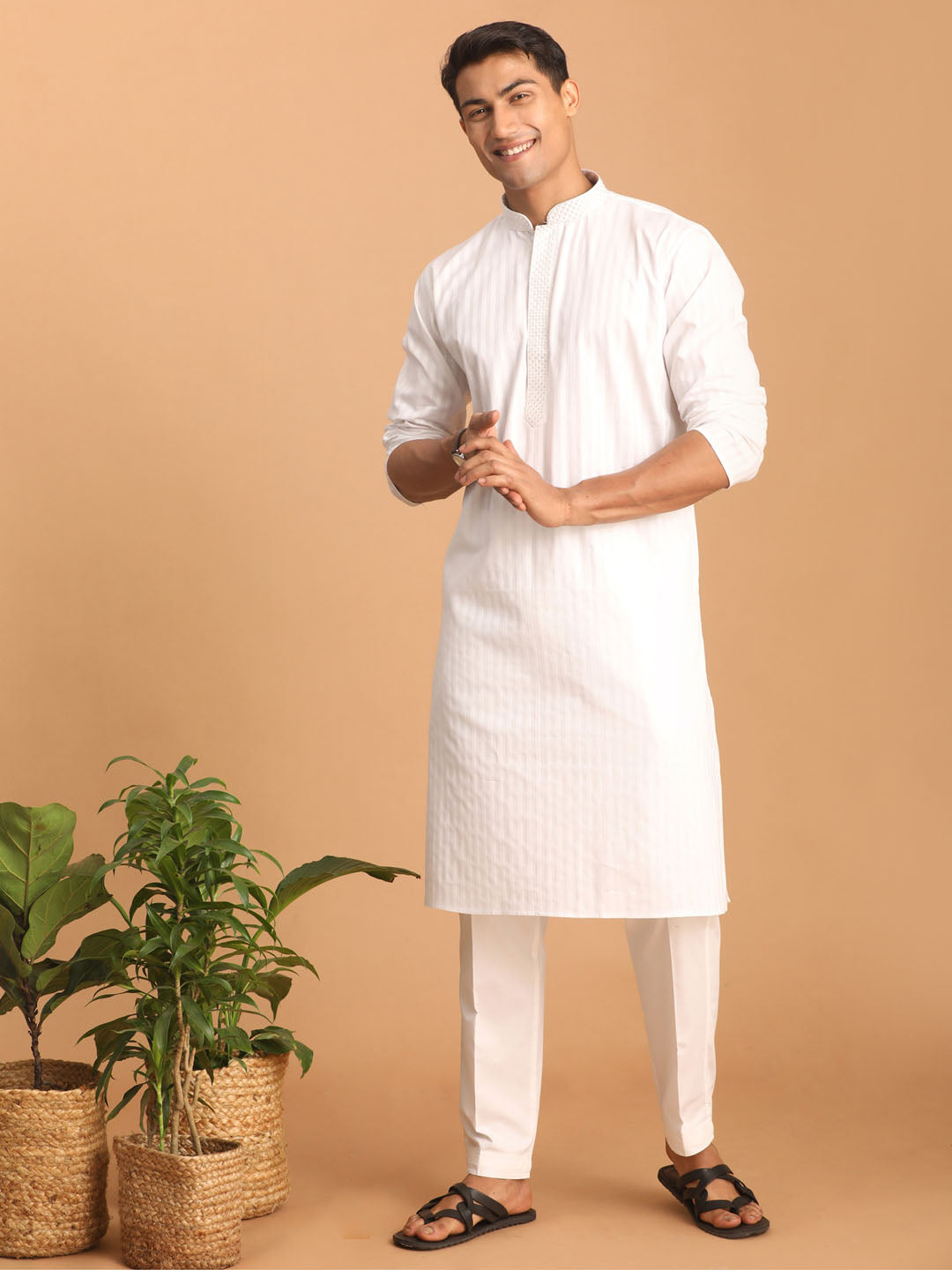 Men's White Cotton Blend Kurta