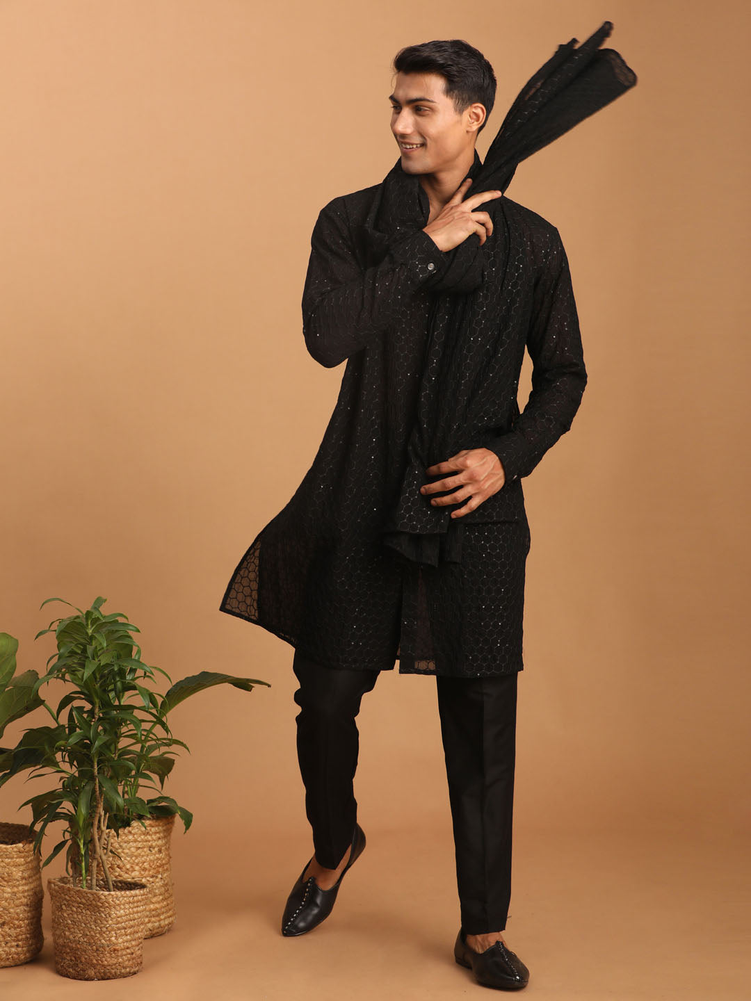 Men's Black Georgette Kurta, Pyjama & Dupatta Set