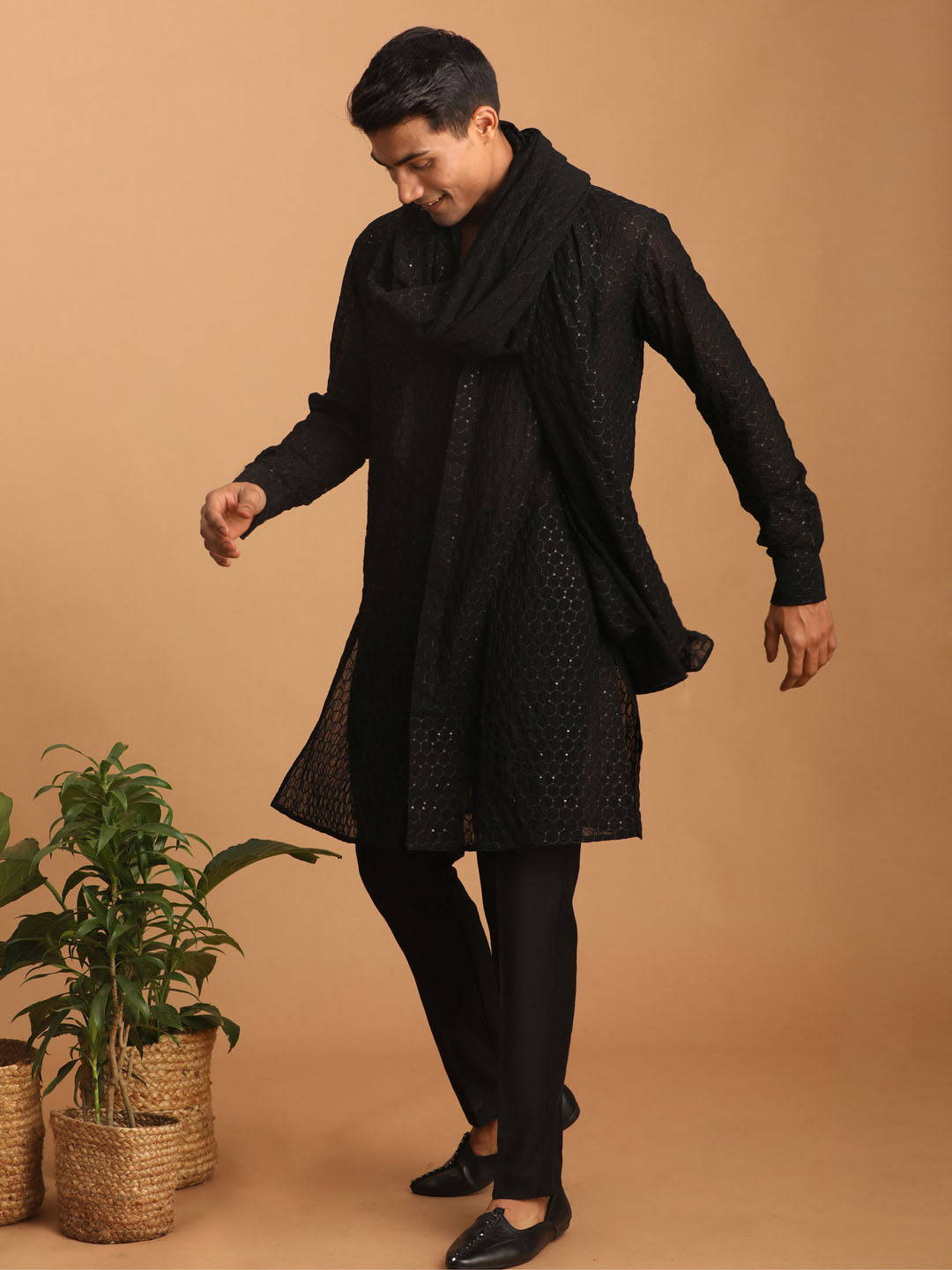 Men's Black Georgette Kurta, Pyjama & Dupatta Set