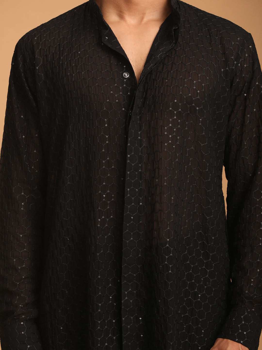 Men's Black Georgette Kurta, Pyjama & Dupatta Set