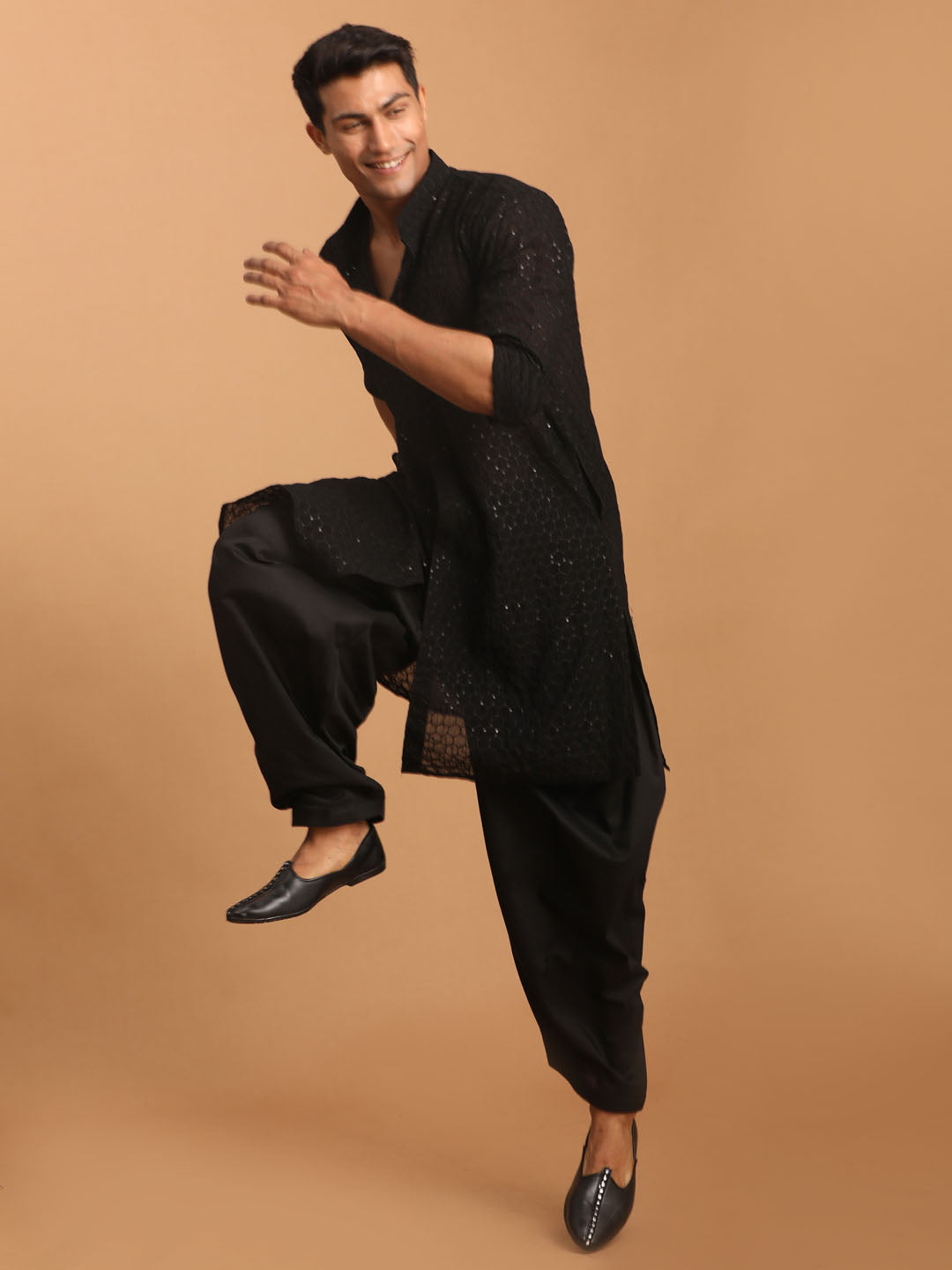 Men's Black Georgette Kurta and Patiala Set