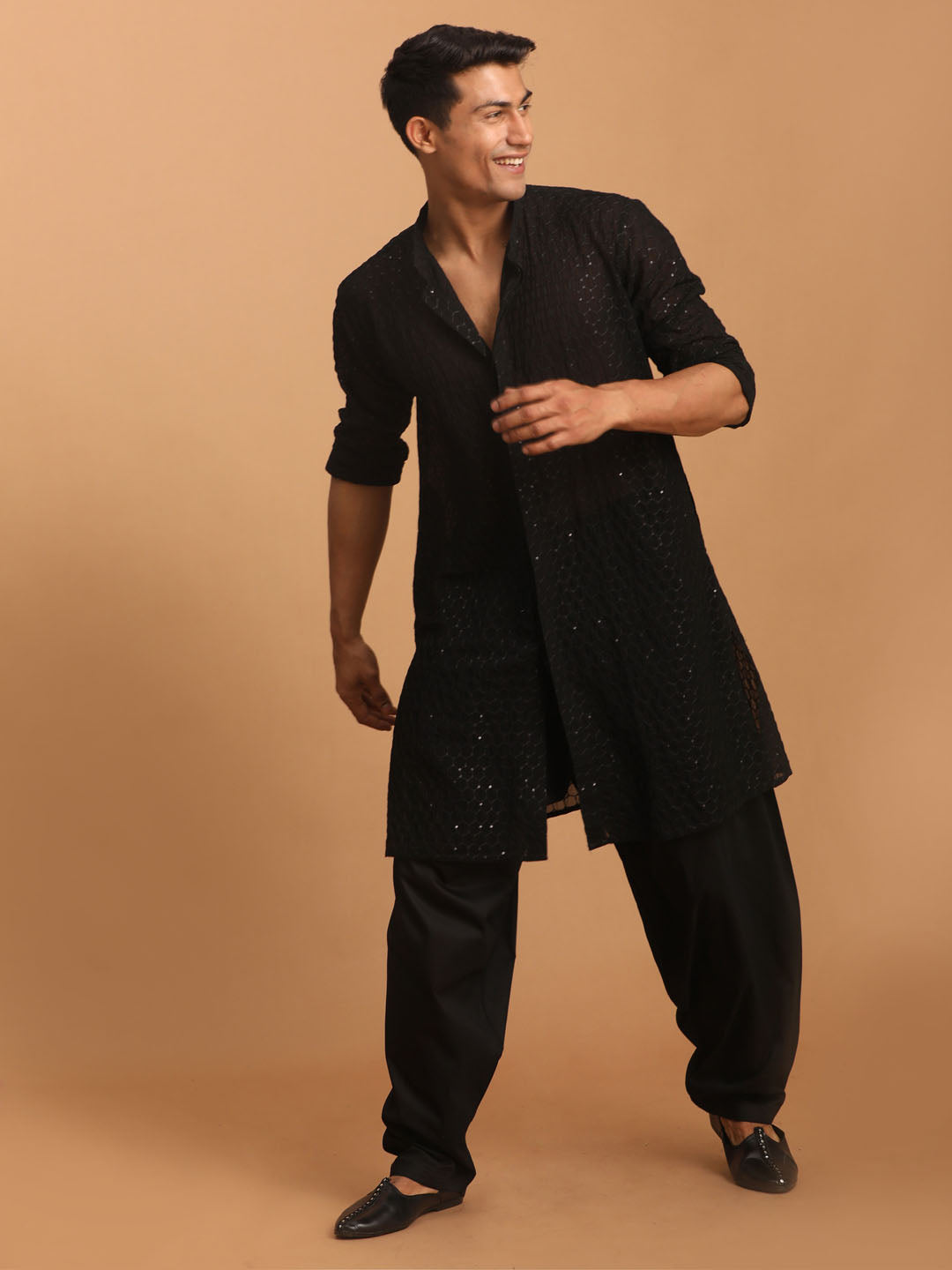 Men's Black Georgette Kurta and Patiala Set