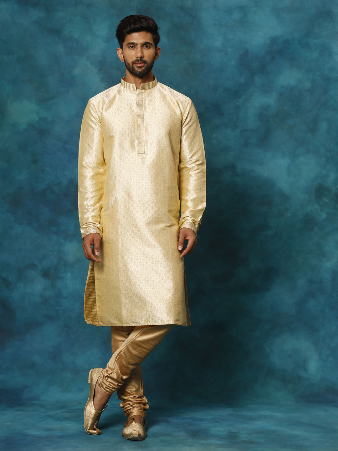 Men's Gold And Rose Gold Silk Blend Kurta Pyjama Set