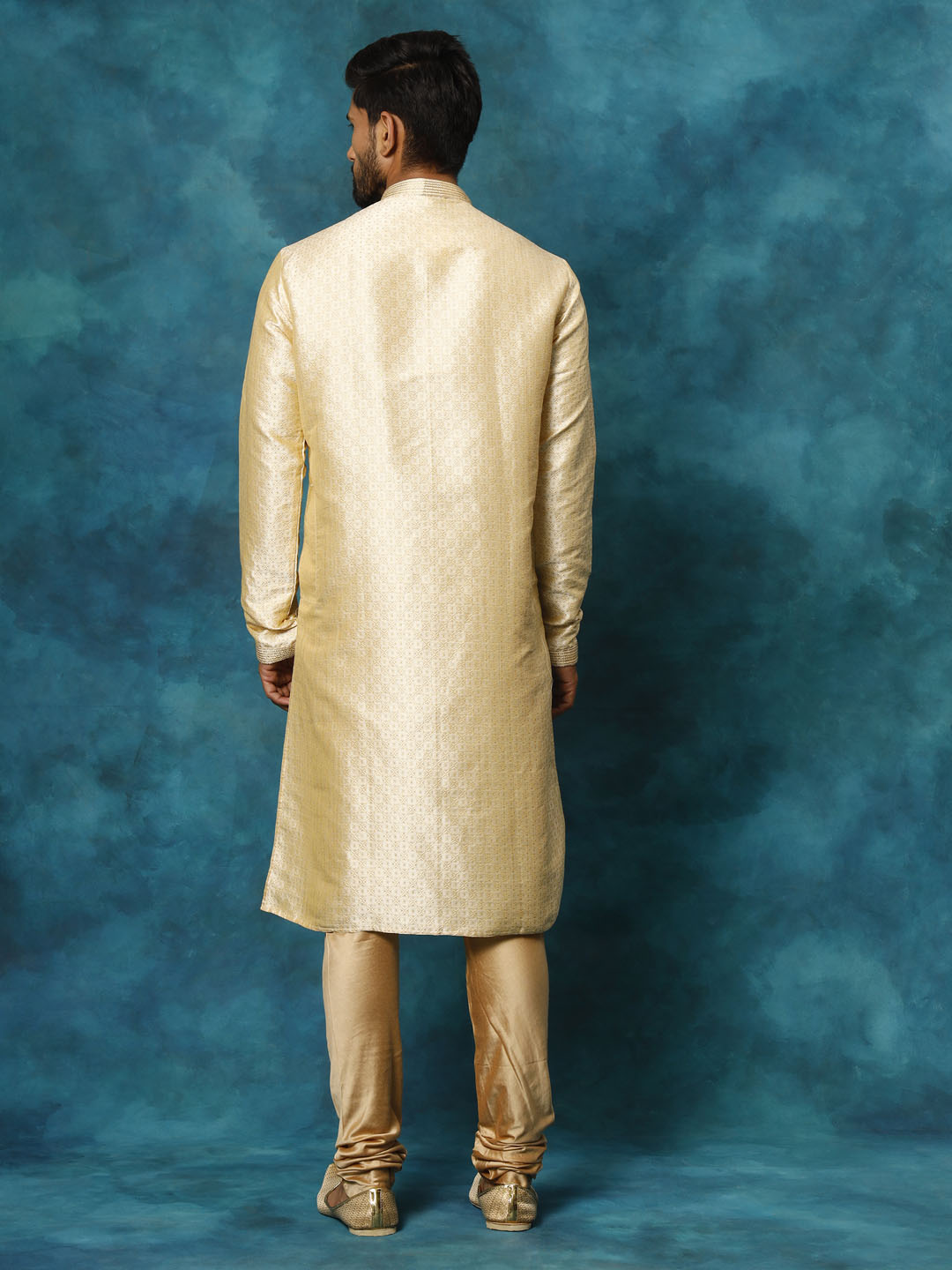 Men's Gold And Rose Gold Silk Blend Kurta Pyjama Set