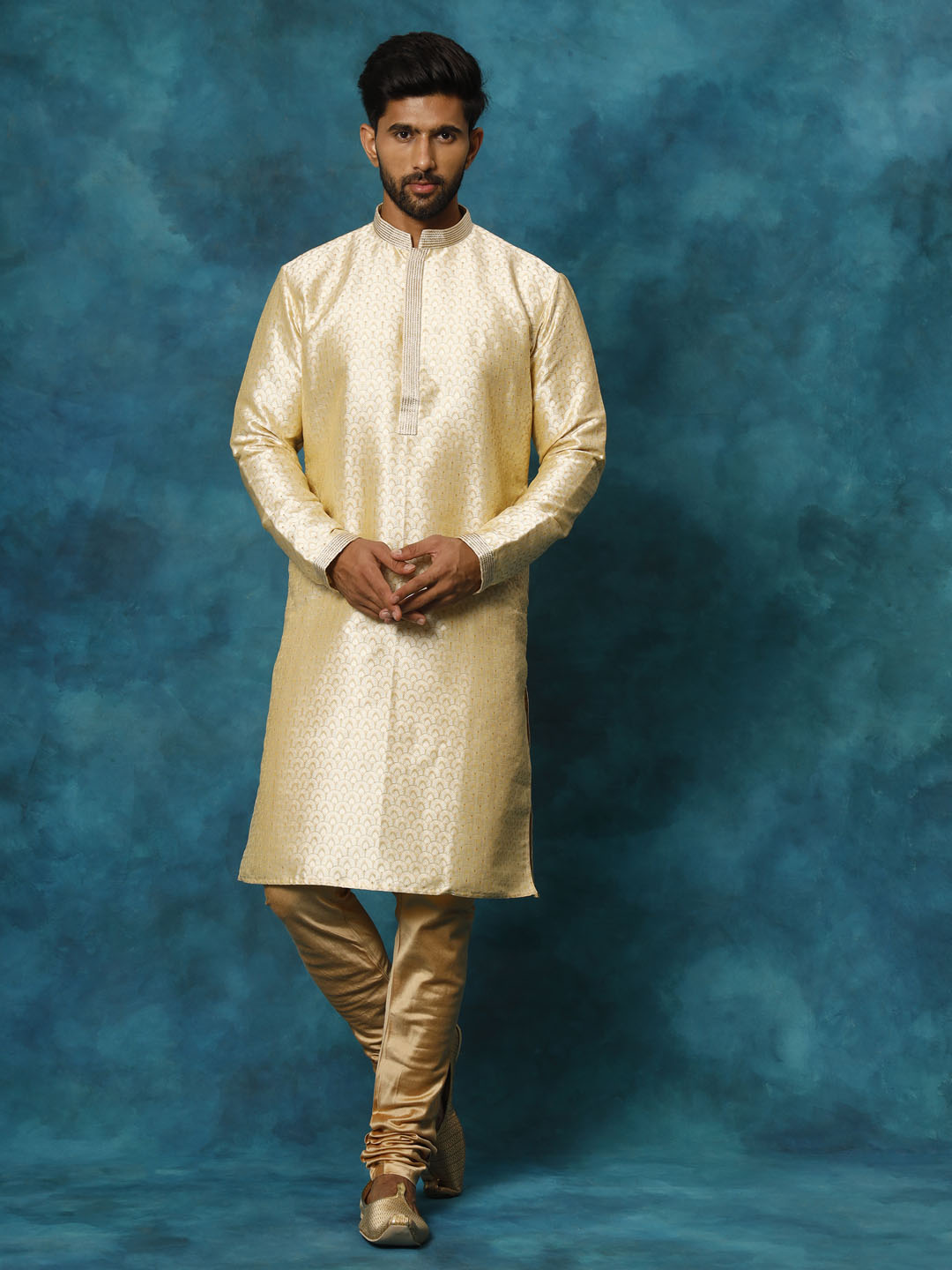 Men's Gold And Rose Gold Silk Blend Kurta Pyjama Set