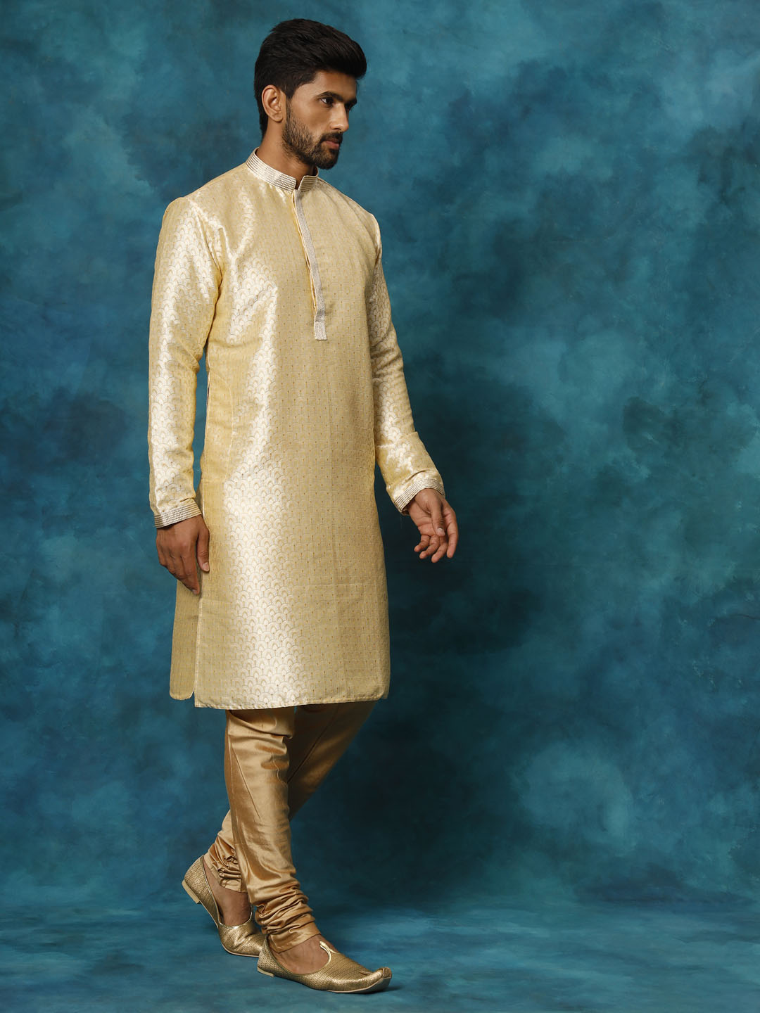 Men's Gold And Rose Gold Silk Blend Kurta Pyjama Set