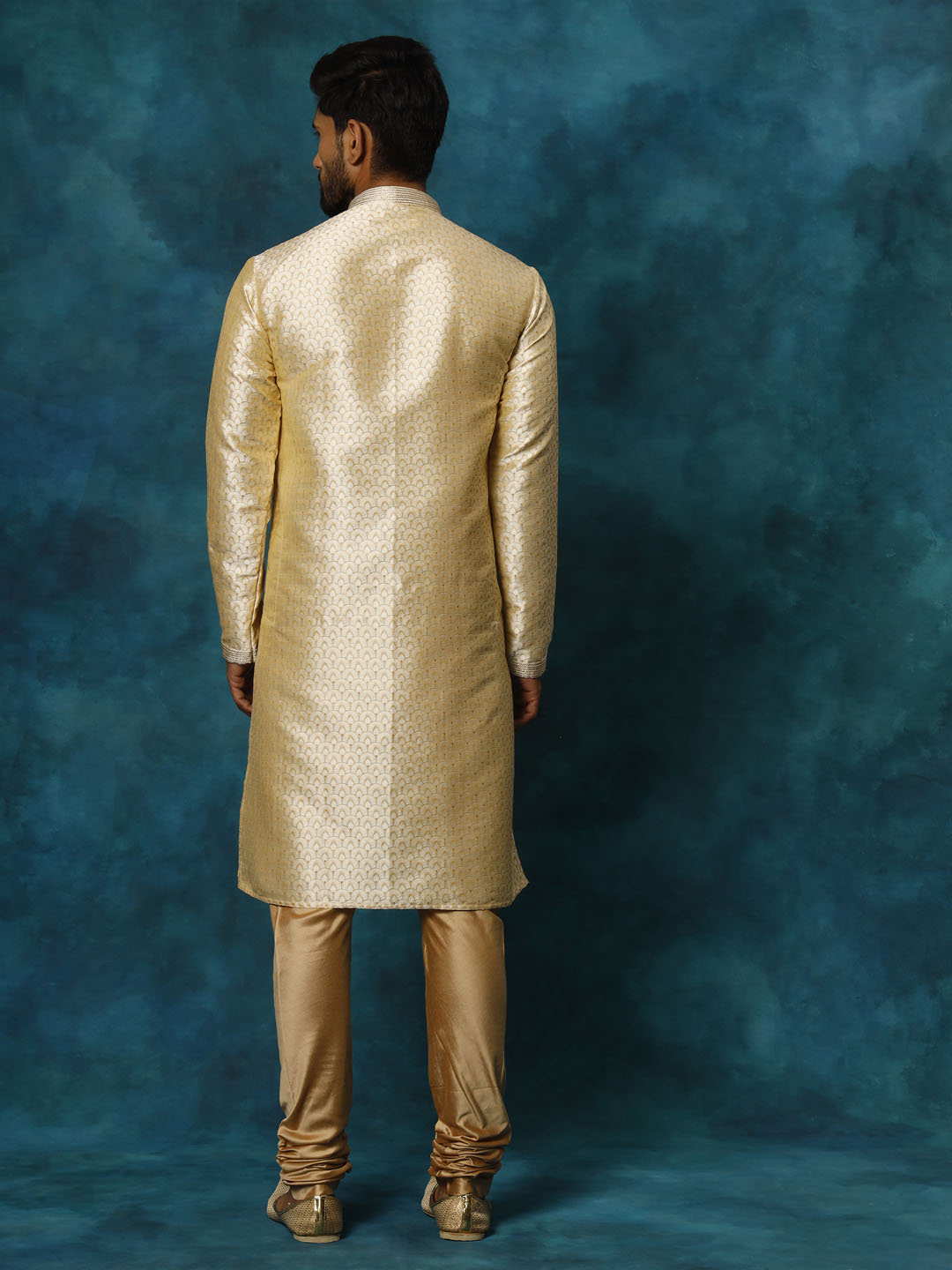 Men's Gold And Rose Gold Silk Blend Kurta Pyjama Set