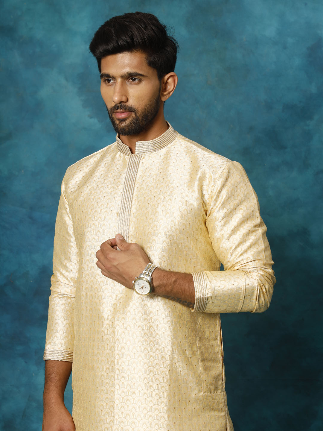 Men's Gold And Rose Gold Silk Blend Kurta Pyjama Set