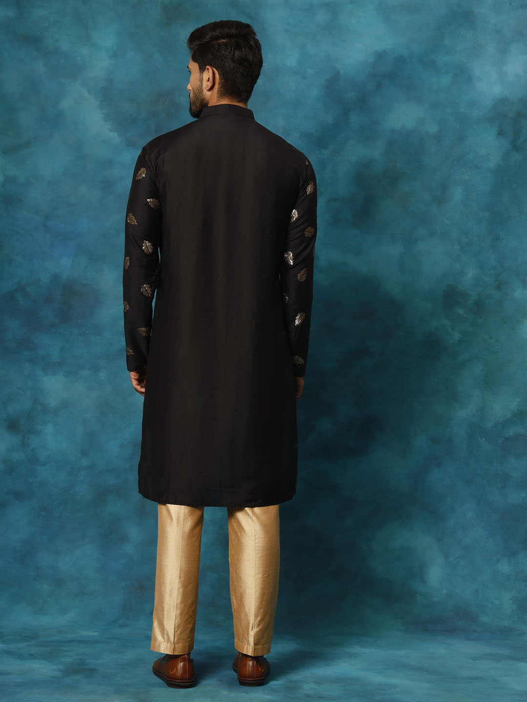 Men's Black And Rose Gold Cotton Blend Kurta Pyjama Set