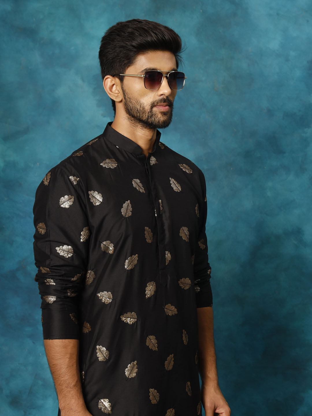 Men's Black And Rose Gold Cotton Blend Kurta Pyjama Set