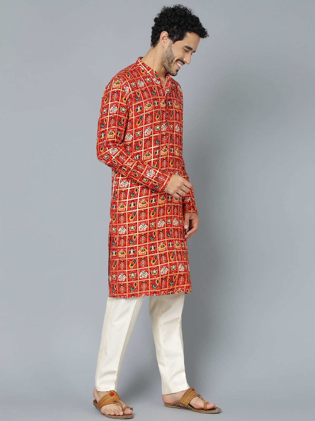 Men's Red And Cream Rayon Kurta Pyjama Set